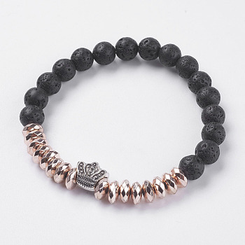 Synthetic Hematite Stretch Bracelets, with Natural Lava Rock and Alloy Findings, Crown, Antique Silver, Rose Gold Plated, 2-1/4 inch(57mm)