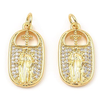 Rack Plating Brass Micro Pave Clear Cubic Zirconia Pendants, Oval with Saint, Real 16K Gold Plated, 20.5x11x3mm