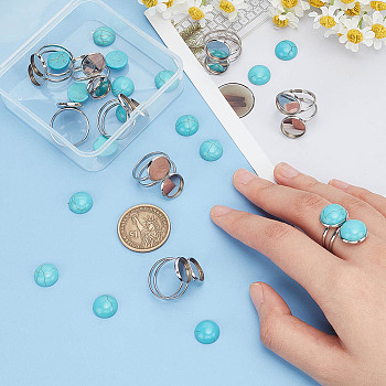 DIY Half Round Cuff Ring Making Kit, Including 304 Stainless Steel Bezel Cup Ring Settings, Synthetic Turquoise Cabochons, Stainless Steel Color, 30Pcs/box