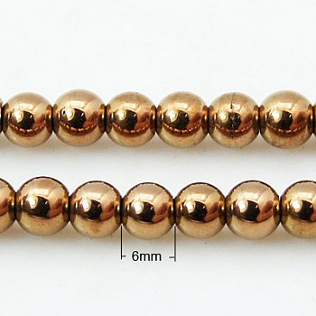 Non-magnetic Synthetic Hematite Beads Strands, Round, Red Copper Plated, 6mm, about 69pcs/strand, 16 inch