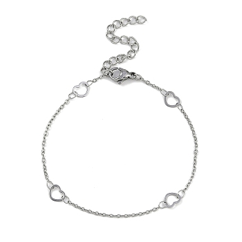 Anti-Tarnish 304 Stainless Steel Heart Link Chains Anklets, Stainless Steel Color, 6-5/8~6-3/4 inch(16.7~17.3cm)