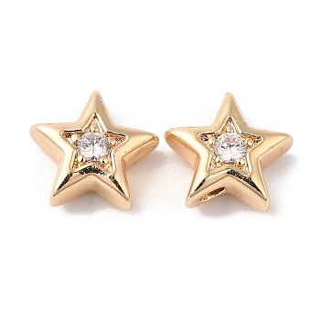 Brass with Cubic Zirconia Beads Beads, Real 18K Gold Plated, Star, Clear, 7.5x8x3mm, Hole: 1mm