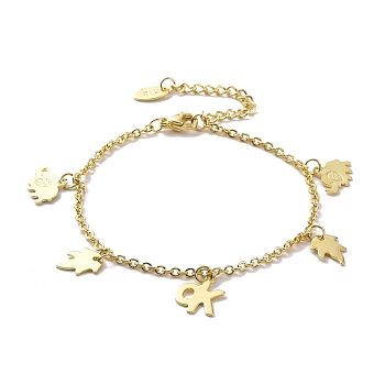 201 Stainless Steel Elephant & Leaf & Word OK Charms Bracelet with 304 Stainless Steel Chains for Women, Golden, 6-3/4 inch(17.1cm)
