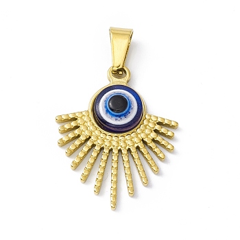 Vacuum Plating 304 Stainless Steel Resin Pendants, Golden, Fan Charms with Evil Eye, Midnight Blue, 26x20.5x5mm, Hole: 6.5x3mm