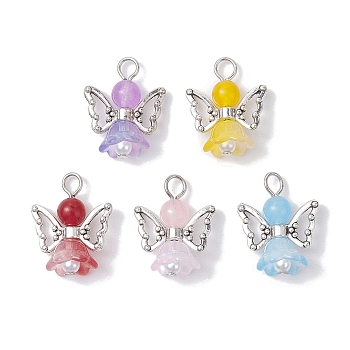 Natural Dyed Malaysia Jade & Glass Pendants, Flower Angel Charms with Alloy Wings, Mixed Color, 22.5x18x11mm, Hole: 3.5mm, 10pcs/set