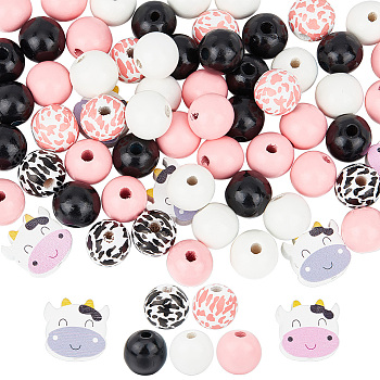 120Pcs 7 Styles Cow Theme Painted Natural Wood Beads, Printed, Round and Cow Head, Mixed Color, 15.5~19x14.5~19x5.5mm, Hole: 2~4mm