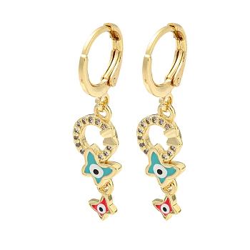 Real 18K Gold Plated Brass Dangle Leverback Earrings, with Enamel and Cubic Zirconia, Butterfly, Dark Turquoise, 35x9mm