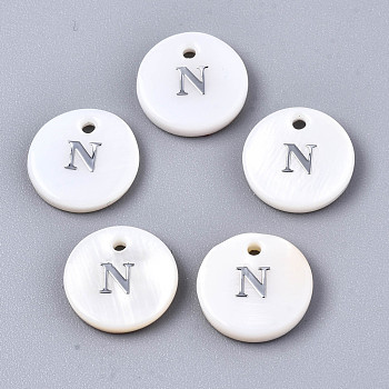 Natural Freshwater Shell Pendants, with Platinum Plated Iron Etched Metal Embellishments, Flat Round with Initial Letter, White, Letter.N, 11x2mm, Hole: 1.5mm