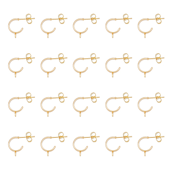 20Pcs Brass Stud Earring Findings, Half Hoop Earring Findings, with Horizontal Loops and Steel Pins, with 20Pcs Ear Nuts, Golden, 13x3mm, Hole: 1.5mm, Pin: 0.8mm