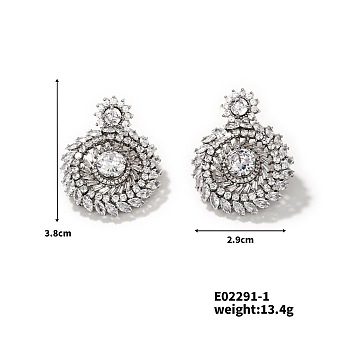 Vintage Classic Copper Zircon Stud Earrings Fashionable Elegant Luxury Ear Jewelry, Platinum, 38x29mm