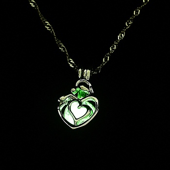 Luminous Alloy Locket Heart Pendant Necklaces, Glow in the Dark, Lime, 18.35 inch(46.6cm)