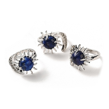 Natural Lapis Lazuli Sun & Moon Open Cuff Rings, Platinum Brass Jewelry for Women, Lead Free & Cadmium Free, Inner Diameter: 17~18mm