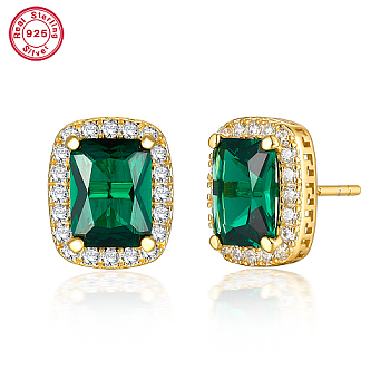 Cubic Zirconia Rectangle Stud Earrings, Real 18K Gold Plated 925 Sterling Silver Earrings, Green, 11x9mm