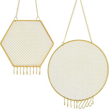 Nbeads 2 Set 2 Style Iron Jewelry Hanging Display, Wall Shelf Jewelry Display Rack, with Rotating Hook, Hexagon & Flat Round, Golden, 1set/style