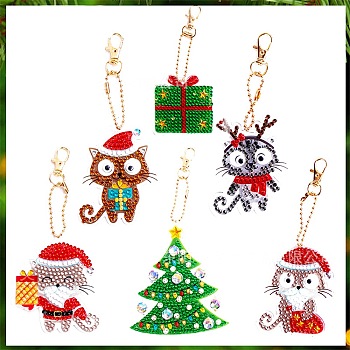 Christmas Theme DIY Diamond Painting Keychain Kit, Including Acrylic Board, Keychain Clasp, Bead Chain, Resin Rhinestones Bag, Diamond Sticky Pen, Tray Plate and Glue Clay, Mixed Shapes, 100x30mm, 6pcs/set