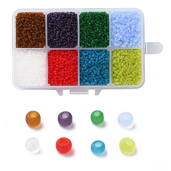 200G 8 Colors 12/0 Grade A Round Glass Seed Beads, Transparent Frosted Style, Mixed Color, 2x1.5mm, Hole: 0.3mm, 25g/color, about 13300pcs/box