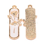 Alloy Enamel Pendants, Light Gold Color, Rectangle with Rose, White, 33x14x3mm, Hole: 1.4mm(ENAM-TAC0002-28A)