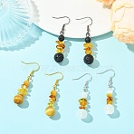 3 Pairs 3 Styles Natural Gemstone Beaded Dangle Earrings, with Brass Earring Hooks, Round with Chip, Mixed Color, 49.5~51.5x11.5mm, 1 pair/style(EJEW-JE07091)