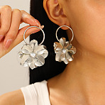 Alloy Dangle Stud Earrings, with Plastic Imitation Pearl Beads, Platinum, Flower, 50mm(WGBCB82-06)