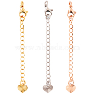 24Pcs 3 Colors Long-Lasting Plated Brass Curb Chain Extender, End Chains with Lobster Claw Clasps and Heart Chain Tabs, Mixed Color, 65x3mm, Hole: 2.5mm, 8Pcs/color(KK-CN0002-29)