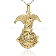 Golden Tone Brass Hollow Round Cage Pendants, with No Hole Spray Painted Brass Round Beads, Round with Angel, Silver, 47x30x21mm, Hole: 3x8mm(KK-J242-07G)