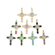 Real 18K Gold Plated Brass with Glass Pendants, Cross, Mixed Color, 38x27x5.5mm, Hole: 3.3x4mm(KK-A209-16G)