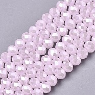 Electroplate Glass Beads Strands, Imitation Jade Beads, Pearl Luster Plated, Faceted, Rondelle, Pink, 4x3mm, Hole: 0.4mm, about 123~127pcs/strand, 17~17.5 inch(43~44cm)(X-EGLA-A034-J4mm-A09)