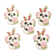 Halloween Alloy Pendants, with Enamel, Light Gold, Skull with Rose Charm, Pink, 30.0x21.5x1mm, Hole: 1.6mm(ENAM-R139-06KCG)