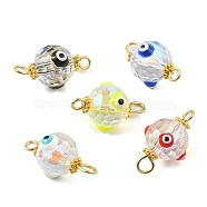 Transparent Evil Eye Glass Connector Charms, Faceted Round Links with Alloy Daisy Spacer Beads and Golden Plated 304 Stainless Steel Loops, Mixed Color, 18x10.5x9.5mm, Hole: 1.4~2.4mm(PALLOY-JF02209)