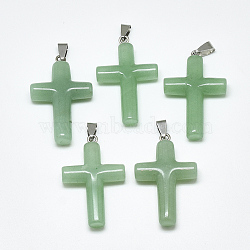 Natural Green Aventurine Pendants, with Stainless Steel Snap On Bails, Cross, Stainless Steel Color, 44~46x28x8mm, Hole: 3~4x7~8.5mm(G-T122-18H)