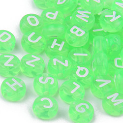 Transparent Acrylic Enamel Beads, Horizontal Hole, Flat Round with Mixed White Letters, Lime, 7x4mm, Hole: 1.5mm, about 3700pcs/500g(MACR-S273-36)