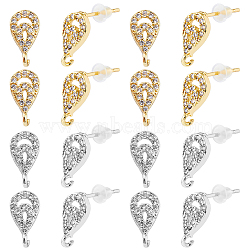 8 Pairs 2 Colors Brass Micro Pave Clear Cubic Zirconia Stud Earring Findings, with Vertical Loops, Lead Free & Cadmium Free, Teardrop, with 30Pcs Plastic Ear Nuts, Platinum & Golden, 11.5x6x2.5mm, Hole: 1mm, Pin: 0.6mm, 4 Pairs/color(KK-DC0001-32)