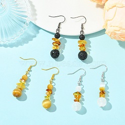 3 Pairs 3 Styles Natural Gemstone Beaded Dangle Earrings, with Brass Earring Hooks, Round with Chip, Mixed Color, 49.5~51.5x11.5mm, 1 pair/style(EJEW-JE07091)