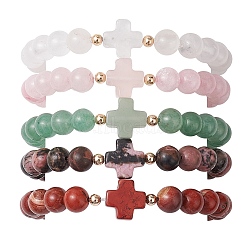 8mm Round & Cross Natural Mixed Gemstone Beaded Stretch Bracelets for Women, Inner Diameter: 2-1/8 inch(5.5cm)(BJEW-JB10930)