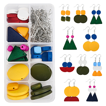 SUNNYCLUE DIY Wooden Dangle Earring Making Kits, 44Pcs Triangle & Geometry Wood Beads & Pendants, Brass Jump Rings & Earring Hooks & Pins, Mixed Color, 16x15x5.5mm, Hole: 1.5mm, 114pcs/box