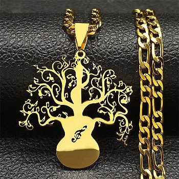 304 Stainless Steel Necklaces, Tree of Life Pendant Necklaces, Golden, 20.20 inch(51.3cm)