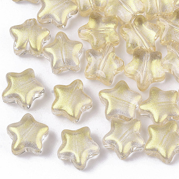 Transparent Spray Painted Glass Beads, with Glitter Powder, Star, Pale Goldenrod, 8x8x4mm, Hole: 0.8~1mm