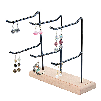 2-Tier 3-Row Wood Jewelry Display Stands, with Electrophoresis Black Tone Iron Findings, for Earrings, Bracelet, Keychain Organizer, BurlyWood, Finish Product: 21x16.5x21cm, about 4pcs/set