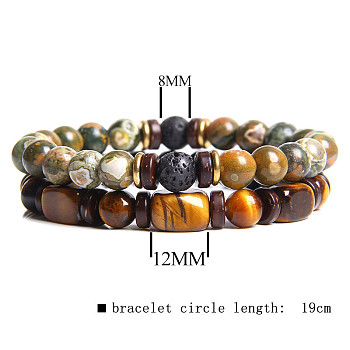 Men's Double-layered Tiger Eye Stone Beaded Bracelet Set - Natural Gemstone Jewelry, Mixed Color, size 2