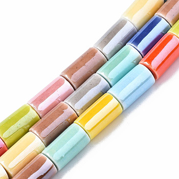 Handmade Porcelain Beads Strands, Pearlized, Column, Colorful, 11x6~6.5mm, Hole: 2.5mm, about 27pcs/strand, 11.81 inch(30cm)