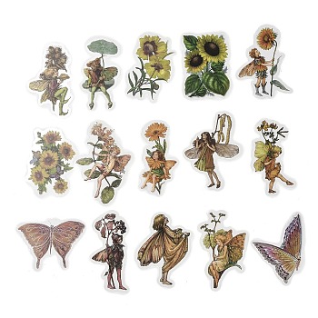 45Pcs Flower Fairy PET Adhesive Waterproof Stickers, for DIY Photo Album Diary Scrapbook Decoration, Dark Goldenrod, 52~67x30~45x0.1mm