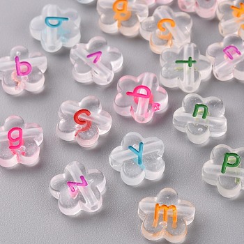 Transparent Clear Acrylic Beads, Flower with Random Letter, Mixed Color, 11x11x4mm, Hole: 1.8mm, about 1500pcs/500g