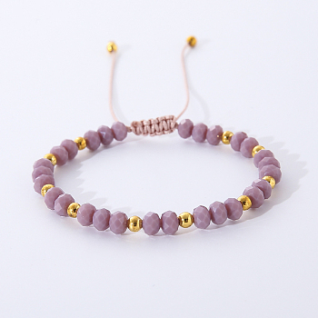 Bohemian Style Handmade Glass Braided Bead Bracelets for Women, with Brass Beads, Lilac