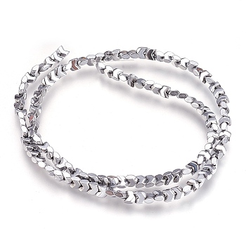 Electroplate Non-magnetic Synthetic Hematite Bead Strands, Faceted, Arrows, Platinum Plated, 4x4x2mm, Hole: 1mm, about 26~27pcs/strand, 15.7 inch(40cm)