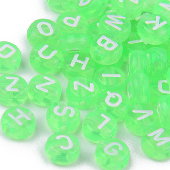 Transparent Acrylic Enamel Beads, Horizontal Hole, Flat Round with Mixed White Letters, Lime, 7x4mm, Hole: 1.5mm, about 3700pcs/500g