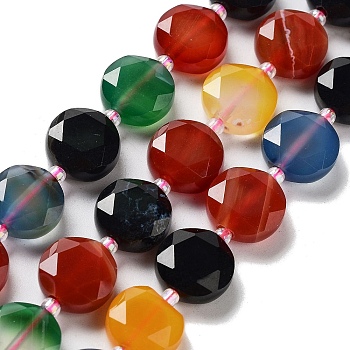 Natural Agate Beads Strands, with Seed Beads, Faceted Hexagonal Cut, Flat Round, Dyed & Heated, Mixed Color, 12~12.5x5~6mm, Hole: 1.2~1.4mm, about 27~29pcs/strand, 15.55~15.75 inck(39.5~40cm)