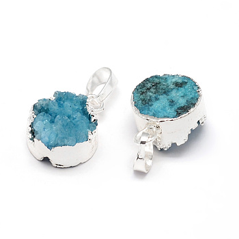 Flat Round Dyed Natural Druzy Agate Pendants, Druzy Trimmed Stone, with Silver Color Plated Brass Findings, Deep Sky Blue, 17x14x8~11mm, Hole: 5x8mm