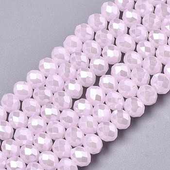 Electroplate Glass Beads Strands, Imitation Jade Beads, Pearl Luster Plated, Faceted, Rondelle, Pink, 4x3mm, Hole: 0.4mm, about 123~127pcs/strand, 17~17.5 inch(43~44cm)