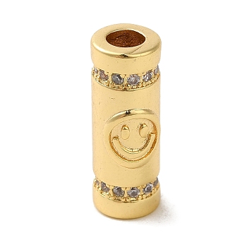 Brass Micro Pave CLear Cubic Zirconia Tube Beads, Real 18K Gold Plated, Smiling Face, 18x7.5~8x7.5~8mm, Hole: 3.7mm