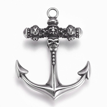 304 Stainless Steel Pendants, Anchor, Antique Silver, 48x37x9mm, Hole: 4mm
